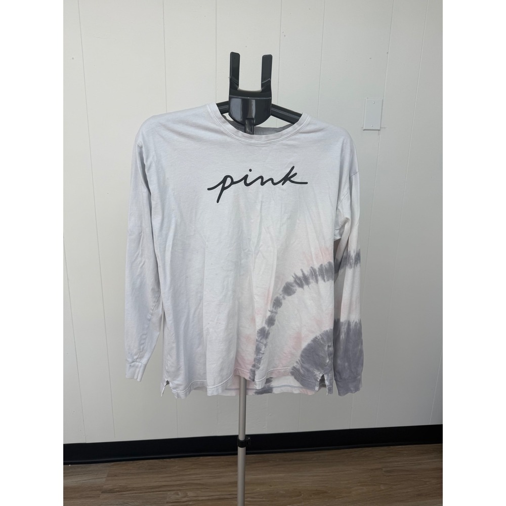 PINK Victoria's Secret Long Sleeve Tee Women Large White Tie Dye Good Script